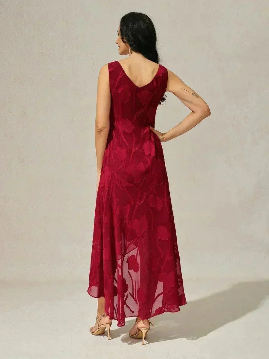 Robes de soirée sans manches en soie florale avec des ourlets asymétriques