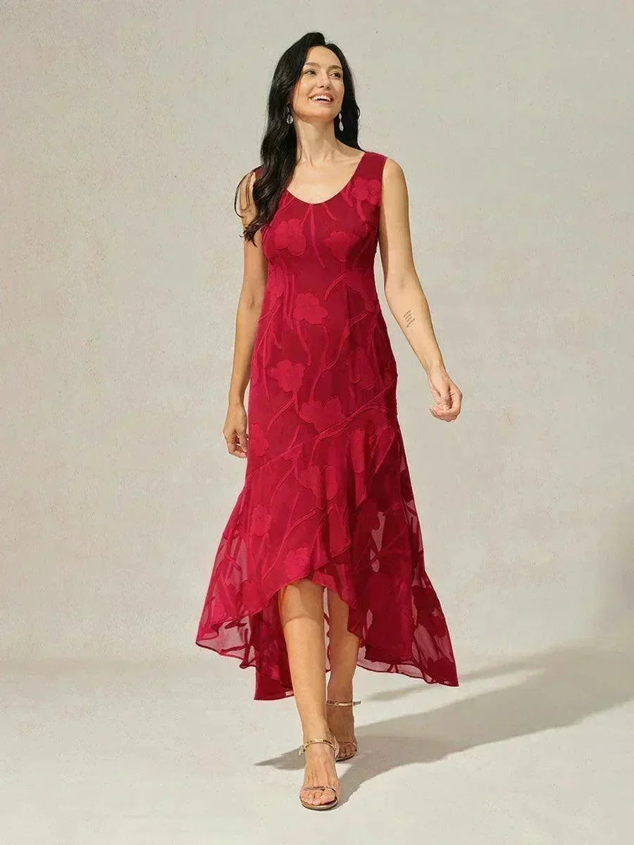 Robes de soirée sans manches en chiffon floral avec des bords asymétriques
