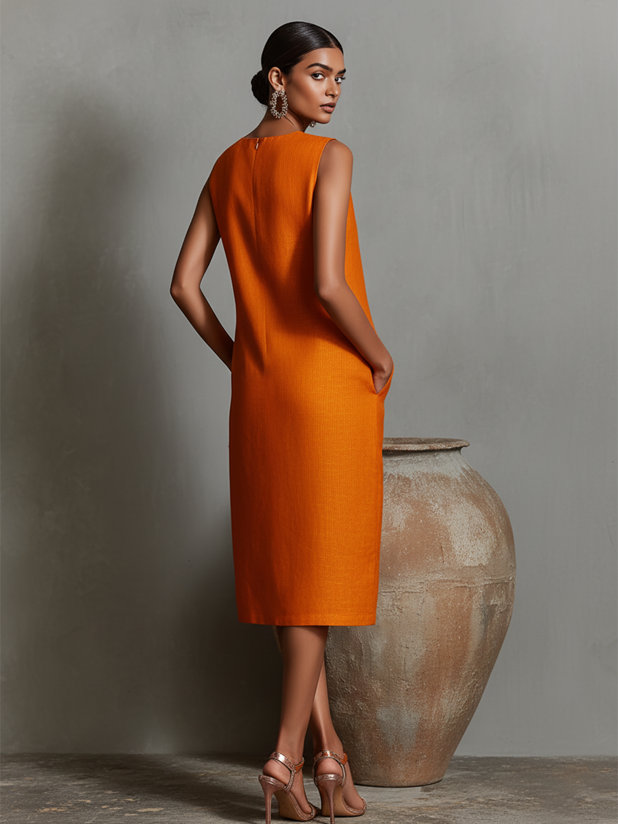 Robe en lin orange pour femmes avec col rond sans manches et poches latérales, style minimaliste-élégant intemporel MDZ2851C7I